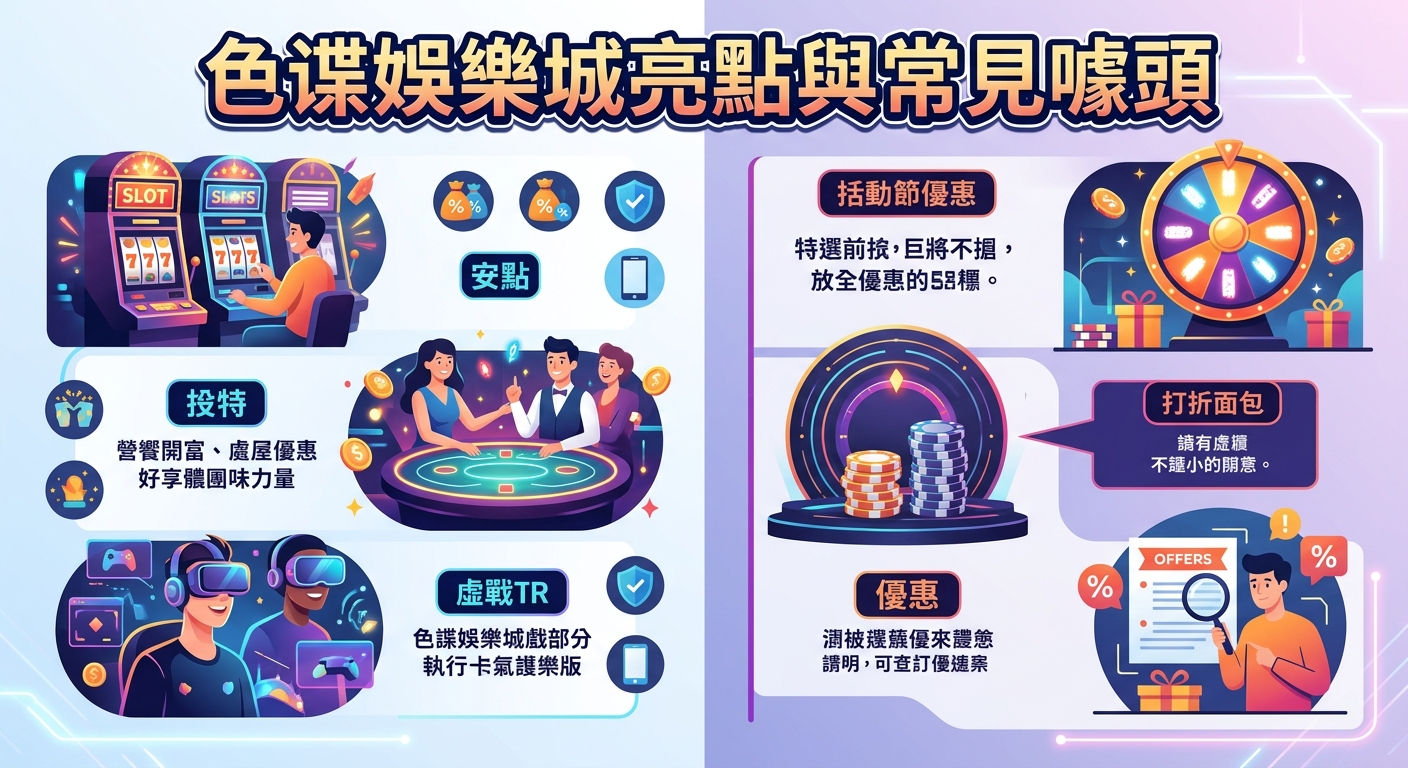 這張圖採用左右雙欄的分區設計,以活潑的插畫視覺呈現娛樂城主題。 頂部標題為「色碟娛樂城亮點與常見噱頭」,畫面結合了老虎機、真人百家樂、賭籌與優惠活動等元素。