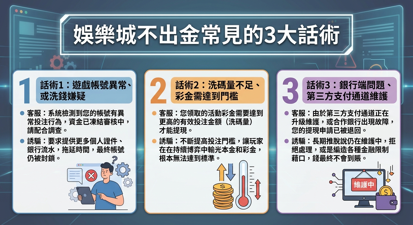 這張圖片採用現代數位科技風格的資訊圖表設計,上方以醒目框線標示標題「娛樂城不出金常見的3大話術」。 下方分成三欄說明常見的詐騙藉口,包含帳號異常凍結、洗碼量不足以及銀行與第三方支付維護等內容,並搭配人物與金錢插圖呈現。